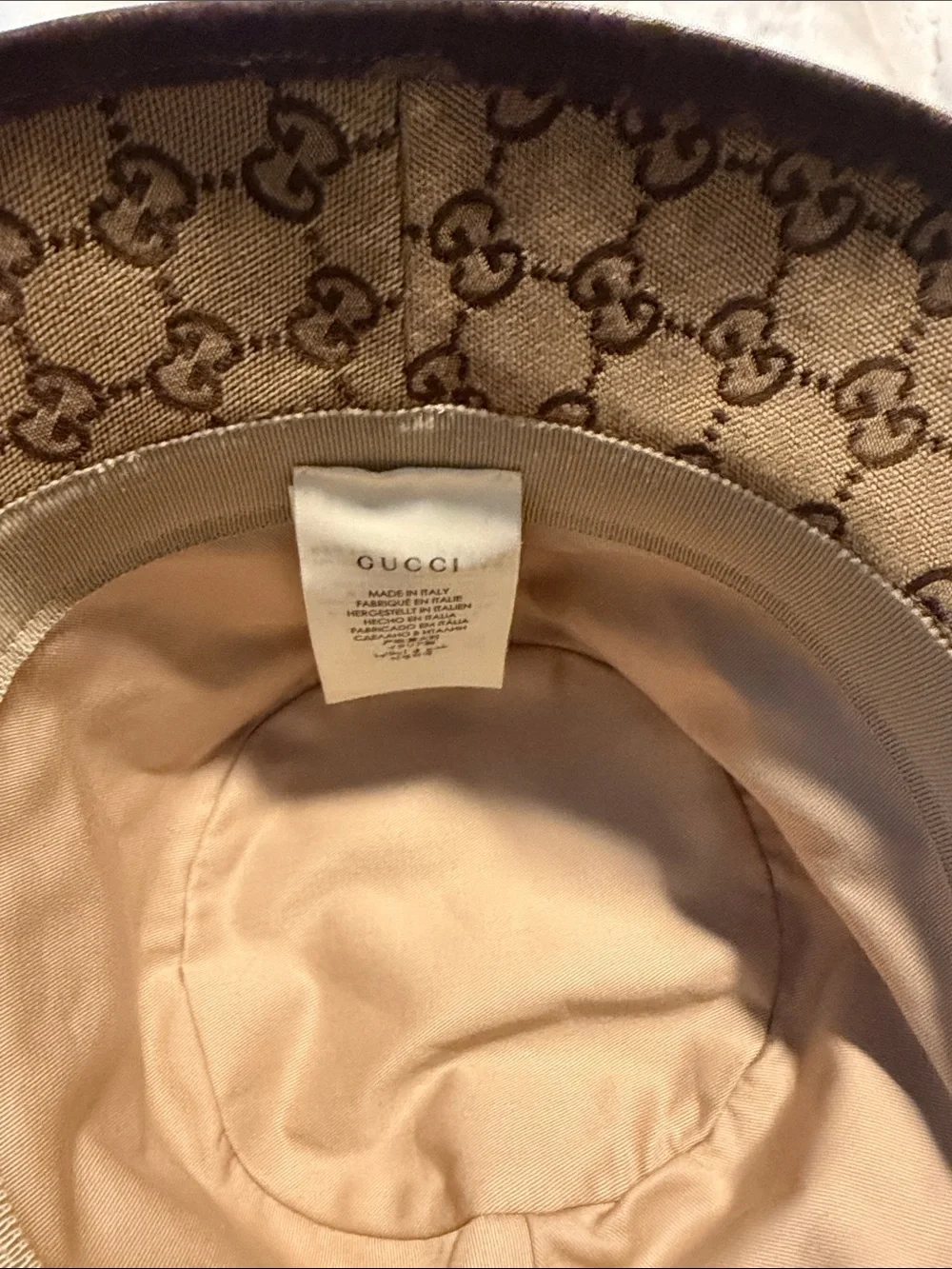 Gucci Beige and Brown GG Monogram Bucket Hat with GG Logo Band